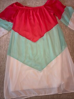 Rachel Kate Colorblock Off-Shoulder Midi Dress‎ in Coral, Mint & White